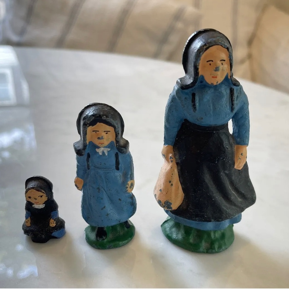 Set Of 3 Vintage Cast Iron Painted Amish Figurines
